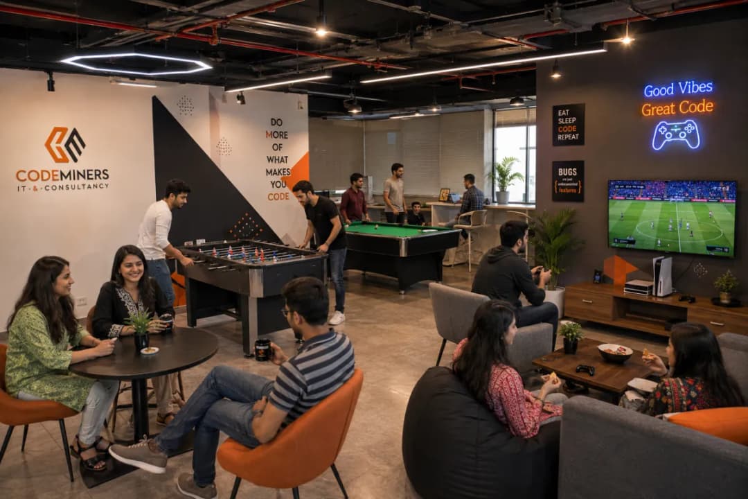 CodeMiners recreation room — pool table, foosball, PS5 gaming setup