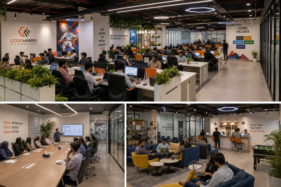 Three-panel collage of CodeMiners IT office spaces — main engineering floor with coding workstations, team presentation area, and casual collaboration lounge