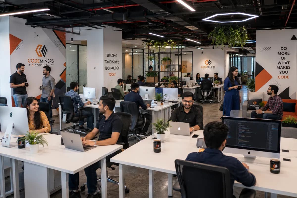 CodeMiners engineering floor — open-plan workspace with 150+ engineers