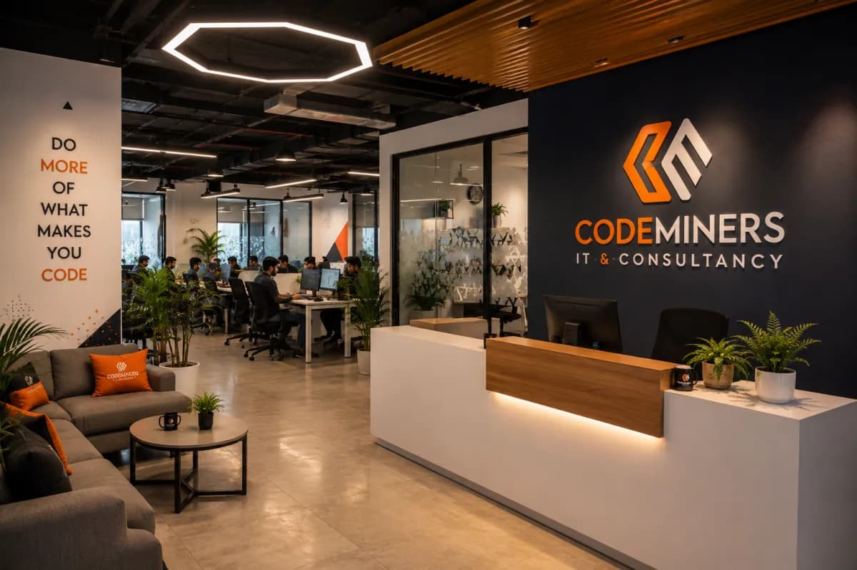CodeMiners professional reception lobby — branded entrance to Lahore software development company headquarters with company logo and modern interior design